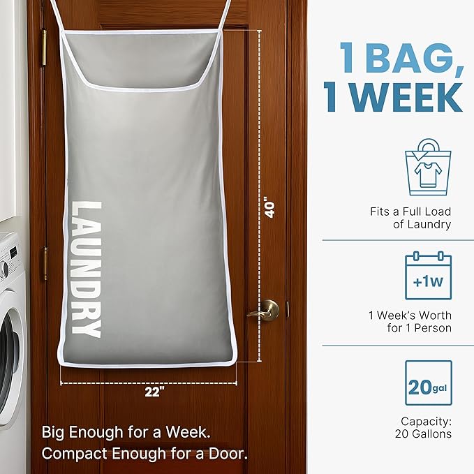 Hanging Laundry Hamper Bag XL 40x22", Space Saving over the Door Storage Bags, Behind the Door Hampers for Dirty Clothes & Wall Mounted Basket for Bathroom, Organizer for Small Room Spaces RV
