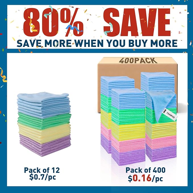 Microfiber Towels Bulk-400 Pack, Cleaning Cloths, Microfiber Towels for Cars, Cleaning Rags 5 Colors Assorted (11.5x11.5 inches)