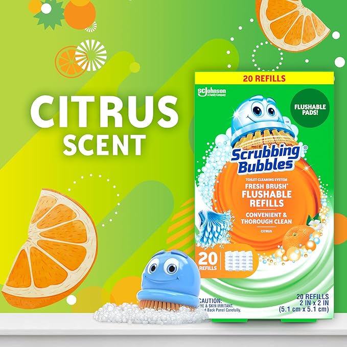 Scrubbing Bubbles Flushable Toilet Bowl Wand Cleaner Refills, Fresh Brush Cleaner Toilet Refill Pads, Removes Limescale & Odors, Citrus Scent, 20 Count (Pack of 2)