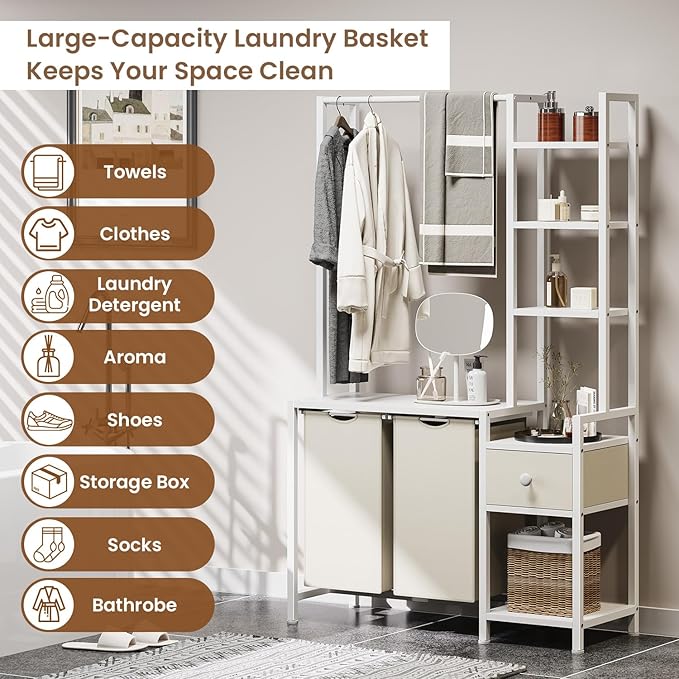 Creso hom Laundry Hamper with Shelf, 5 Tiers Tall Laundry Basket Sorter with 2 Pull-Out and Removable Bags, Clothes Rack with Laundry Sorter for Laundry Room Bathroom Bedroom, White