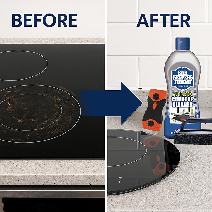 Glass StoveTop Cleaner For Electric Stove Flat Top. Kit Includes Cleaner Liquid, Scraper Tool, & Scrub Brush For Streak-Free Ceramic, Gas, & Induction Stove. Removes Grease, & Oil Stains (13 Items)