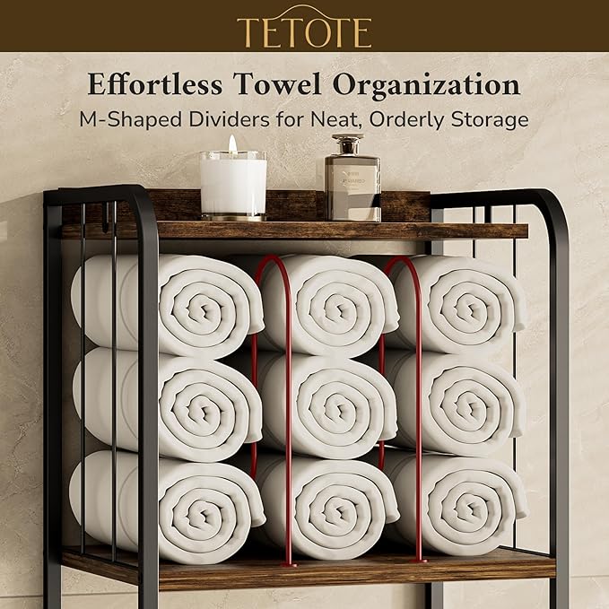 TETOTE 3-Tier Towel Rack, M-Shaped Detachable Dividers Metal Towel Storage Organizer for Bathroom, Laundry, Pool, Free Standing