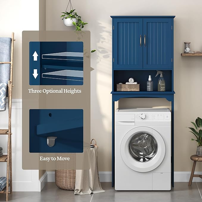 Yaheetech Over The Toilet Storage with 2 Doors & Adjustable Shelf, Free Standing Toilet Rack Wooden Space-Saving Collect Cabinet, Bathroom Furniture, L24.5xW9xH66 in, Navy Blue