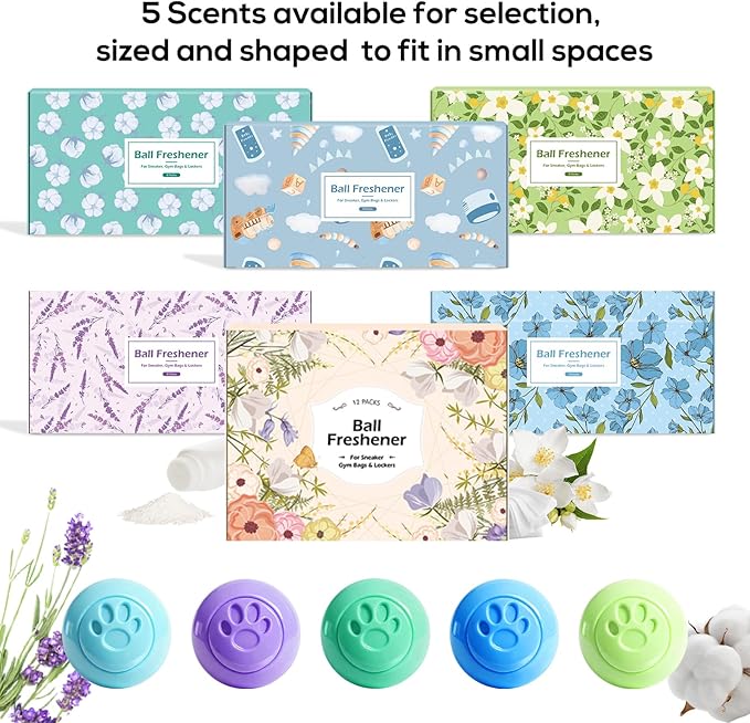 SCENTORINI Shoe Deodorizer Balls, 12 Pack Sneaker Deodorizer Balls, Odor Eliminator for Smell Shoes, Long Lasting Shoe Freshener for Gym Bags, Drawers and Small Spaces