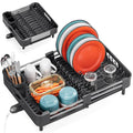 TOOLF Dish Drying Rack, Expandable Dish Rack for Kitchen Counter, Anti-Rust Dish Drainer, Sink Organization and Storage Essentials with Cutlery & Cup Holder, Black