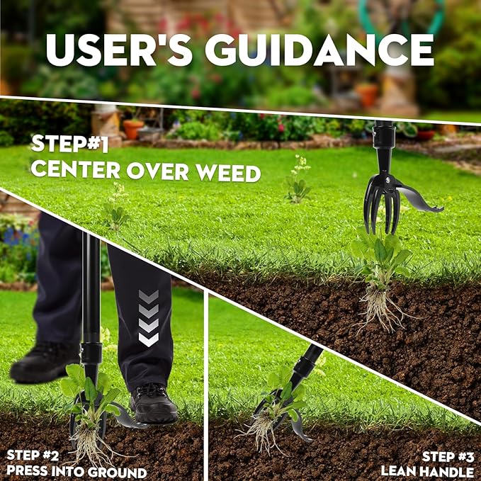 Manual Weed Puller Tool - Reinforced 4-Claw Steel Head - Updated Version Efficient Weed Remover with Long Handle for Garden Weeding Easily Remove Weeds Effortlessly Without Kneeling
