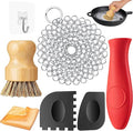 Patelai 7 Pieces Cast Iron Cleaner Set Include Stainless Steel Chainmail Scrubber with Bamboo Dish Scrub Brush Hot Handle Holder 2 Pan Grill Scrapers Kitchen Towel Wall Hook (Bright Color)