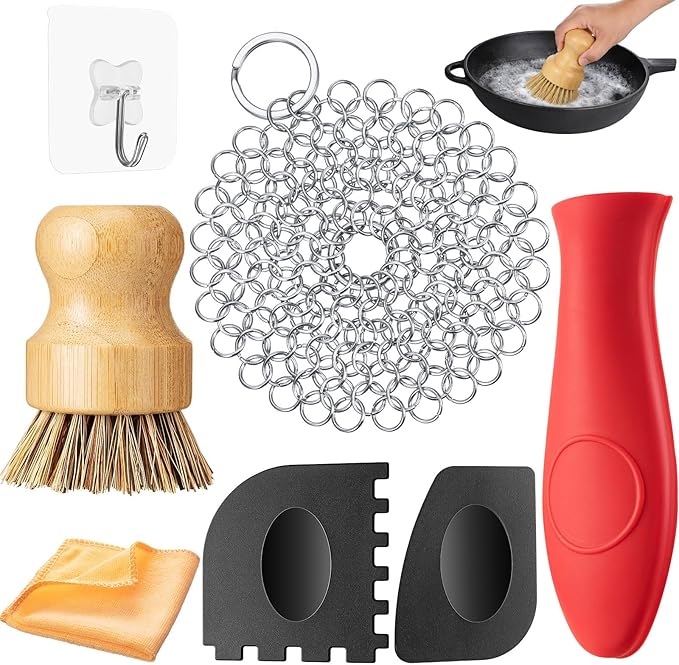 Patelai 7 Pieces Cast Iron Cleaner Set Include Stainless Steel Chainmail Scrubber with Bamboo Dish Scrub Brush Hot Handle Holder 2 Pan Grill Scrapers Kitchen Towel Wall Hook (Bright Color)