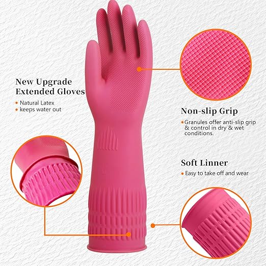 Rubber Gloves for Cleaning – 3 Pairs Reusable Gloves for Dishwashing, Kitchen and Household Tasks, 15-Inch Long, Non-Slip and Waterproof (X-Large)