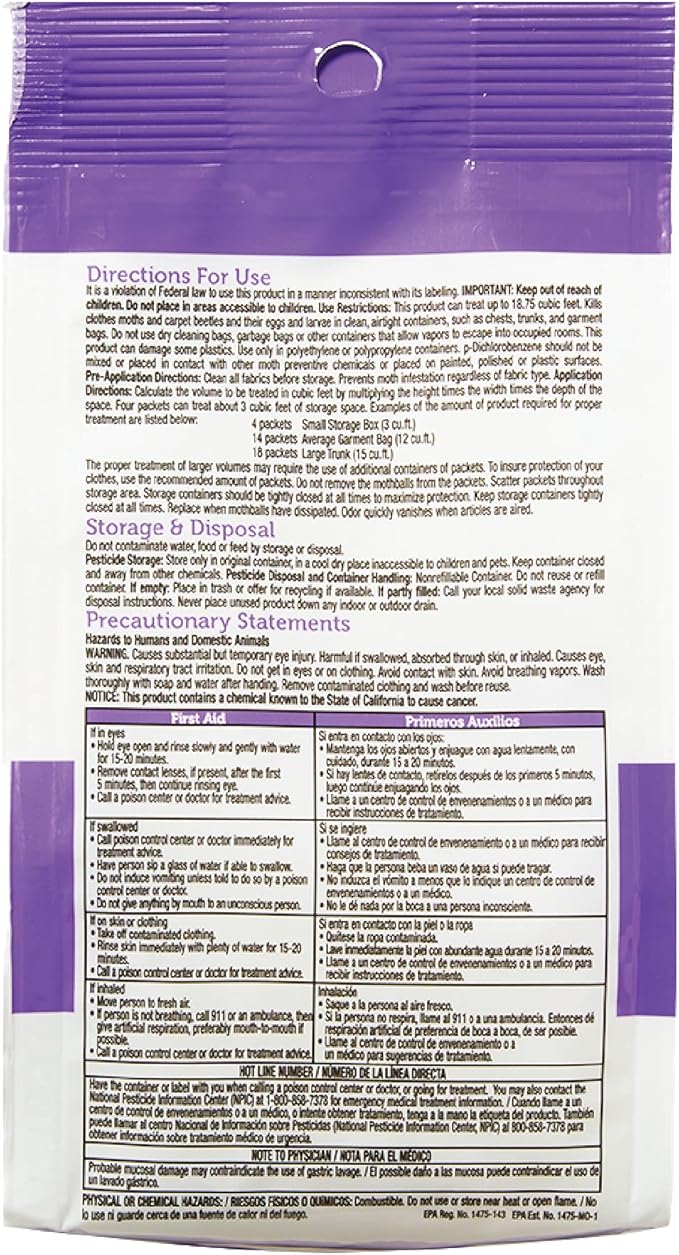 Enoz Lavender Scented Moth Ball Packets: Kills Clothes Moths, Carpet Beetles, Eggs and Larvae (6 oz Bag, 6 Pack)