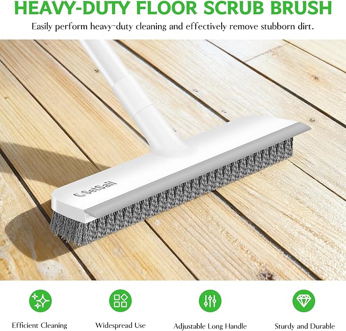 SetSail Floor Scrub Brush, Scrub Brush with 48-Inch Long Adjustable Handle 2 in 1 Scraper Brush Stiff Bristle Floor Scrubber for Cleaning Bathroom Shower Kitchen Garage Deck Tilb Tub, White