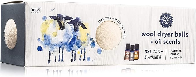 Woolzies Wool Dryer Balls 3 XL Laundry Balls for Dryer Made with New Zealand Wool & Laundry Collection Essential Oil Set, Includes Ptael Fresh, Still Breeze, Citrus Clean