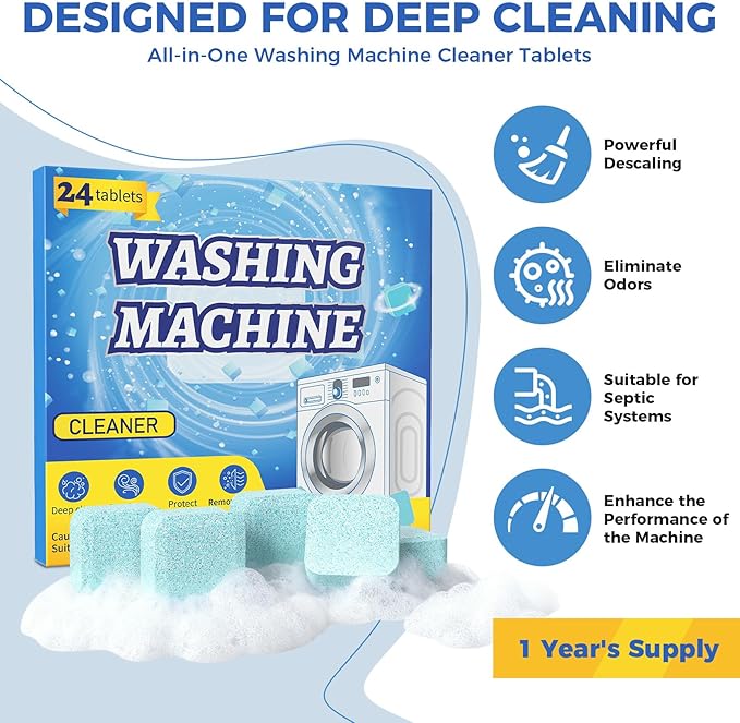 Washing Machine Cleaner Tablets, 24 Pack, Deep Cleaning Descaler and Suitable for Most Washer Machine Cleaner Front Loader and Top Load, Compatible with HE Models