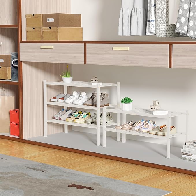 ROMGUAR CRAFT 2 Tier Bamboo Shoe Rack for Closet Free Standing Wood Shoe Shelf for Entryway Small Space Stackable 27"x11"x13" (White)
