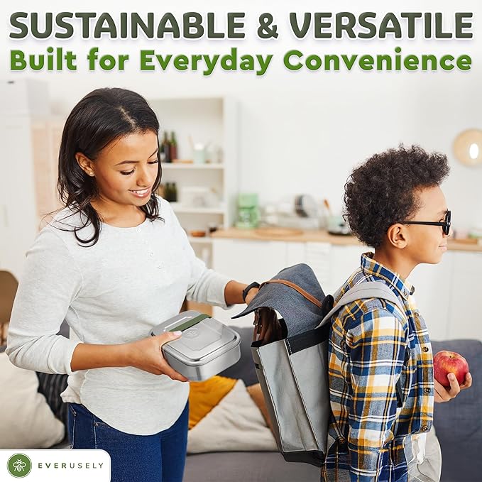 Everusely - Bento Box - Sage, 60oz / 1.8 L - Extra Large Stainless Steel Lunch Box + Leakproof Condiment Container - 3 Compartment Snack Organizer for On the Go Meals - Freezer & Dishwasher Safe