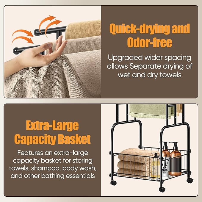 Freestanding Towel Rack for Bathroom, 3-Tier Durable Black Metal Stand with Wheels and Basket, Towel Drying Rack, Multi-Use Blanket Rack for Indoor/Outdoor Bathroom