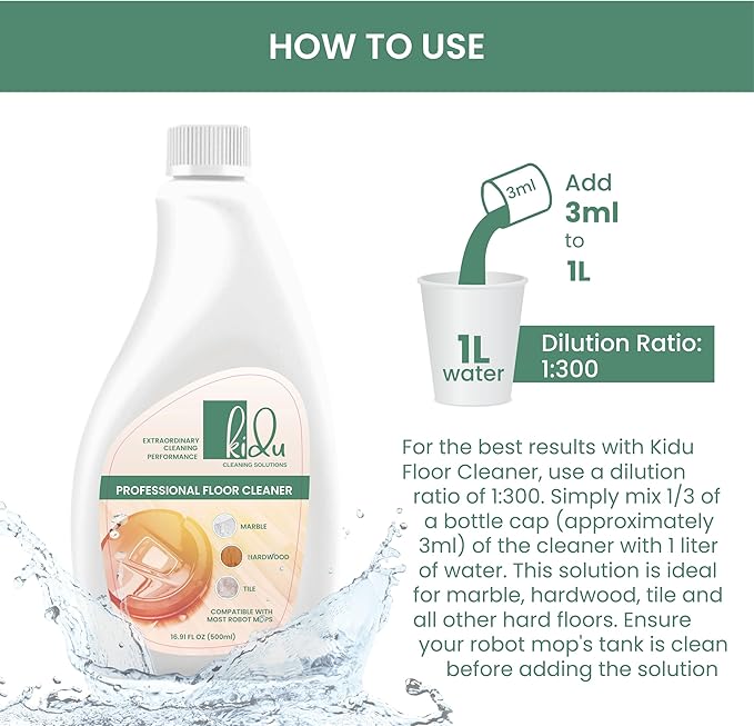 KIDU Multi-Surface Floor Cleaning Solution, 1:300 Dilution Ratio, Compatible with Most Robot Mops Including Roborock, iFLOOR, and DEEBOT Models, Ideal for Marble, Hardwood, Tile - 500ml Concentrate