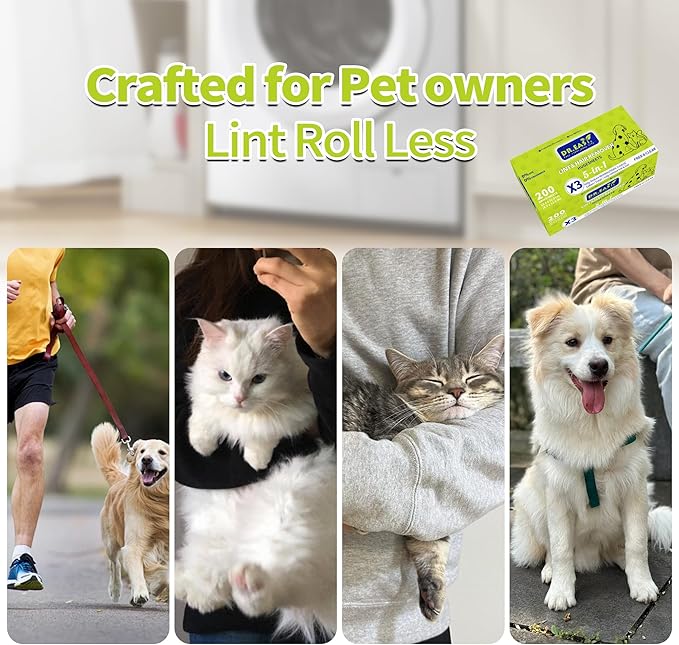 Dr.Easy LINT & HAIR REMOVER Pet HUGESHEETS with 3X Dryer Sheets, Free & Clean, 200 Count,PLANT&MINERAL-BASED FORMULA