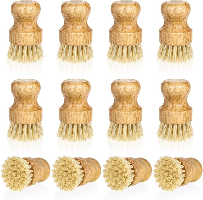 12 Pcs Bamboo Dish Scrub Brushes Kitchen Dishwashing Cleaning Brush Wooden Scrubbers Set Sisal Bristles Cleaner Scrubber for Washing Cast Iron Pan Pot Sink Spatula