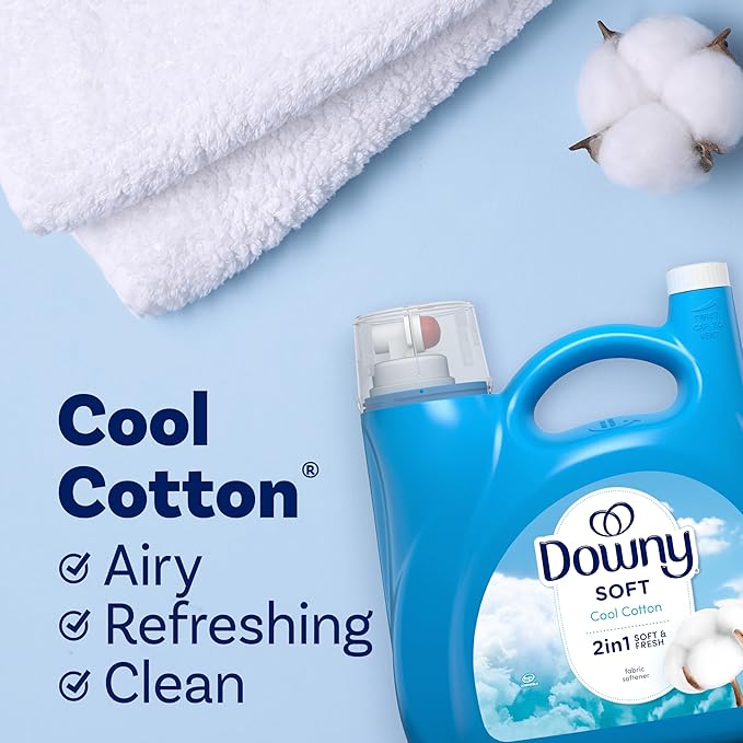 Downy Soft, 2 in 1 Soft and Fresh Liquid Fabric Softener, Cool Cotton, 140 fl oz, 190 Loads, Fabric Conditioner Liquid provides softness and freshness for fabrics