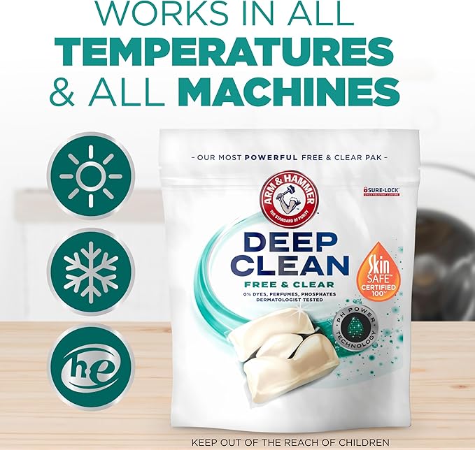 ARM & HAMMER Deep Clean Free & Clear Power Paks Concentrated Laundry Detergent, Free of Dyes, Perfumes and Phosphates, Dermatologist Tested, 32 Count