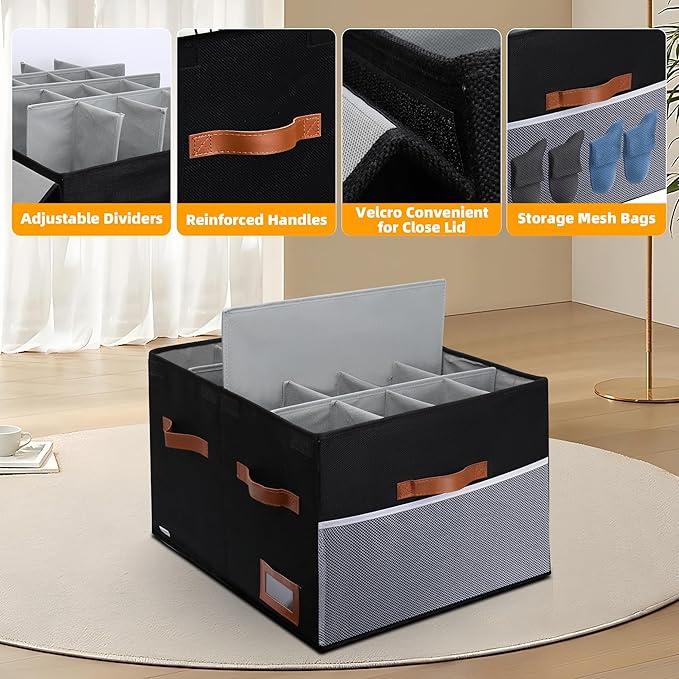 Supowin Shoe Organizer for Closet, Foldable Shoe Storage Bins with Lid & Adjustable Dividers, Fabric Shoe Box Storage Containers with Four Reinforced Handles, Fits 16 Pairs, 1 Pack, Black