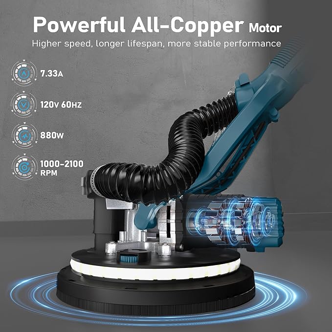 GEVEELIFE Drywall Sander, 880W 7.33A Electric Drywall Sander with Vacuum Dust Collector, 5 Variable Speed 1000-2100RPM, LED Light, Foldable & Extendable Handle, 12 Sanding Discs