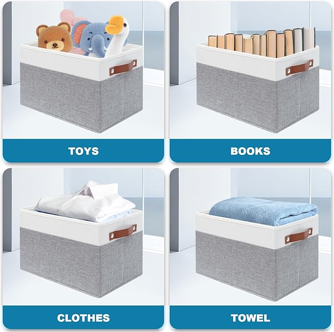 6 Pack Fabric Storage Baskets for Shelves, Closet Storage Bins for Shelves, Fabric Baskets for Organizing with Handles for Home and Office (White with Grey,15"L*10.2"W*9"H)