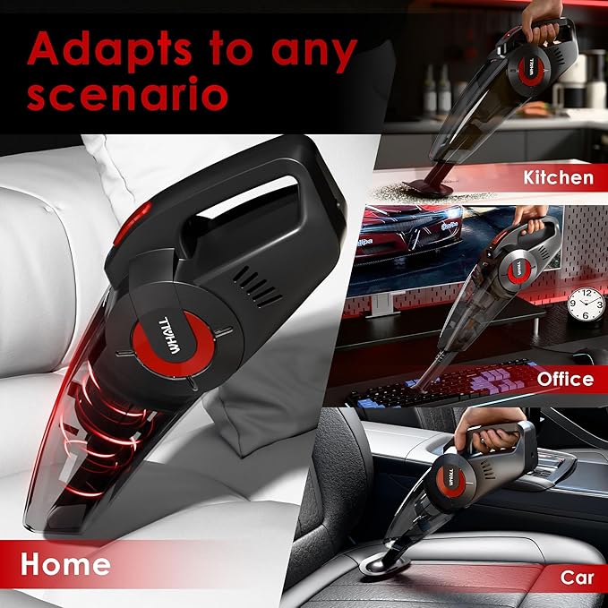 Whall Handheld Cordless Car Vacuums, Wet and Dry Use 9000Pa Strong Suction Vacuums, Rechargeable Portable Vacuum Cleaner with LED, Charging Dock, Lightweight Mini Vacuum for Car, Home and Office,Red