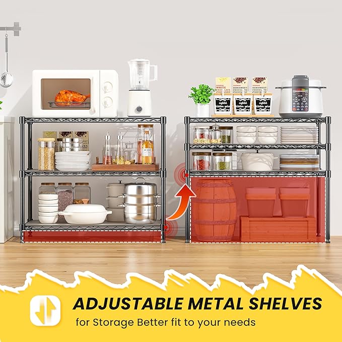 3-Tier Storage Shelves 795LBS Metal Shelving Unit, Adjustable Wire Rack Small Shelf Organizer with Shelf Liners for Kitchen Pantry Office Closet Garage 24" W x 14" D x 30.5" H Black