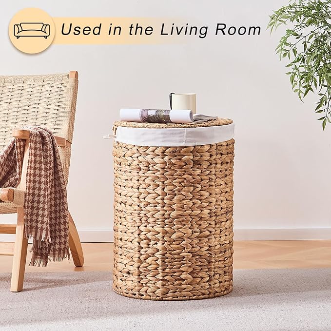 Round Water Hyacinth Laundry Hamper with Lid Handwoven Wicker Basket with Handles for Dirty Clothes, Storage, and Organization Ideal for Bedroom, Bathroom, and Laundry Room, No Assembly Required, 90L