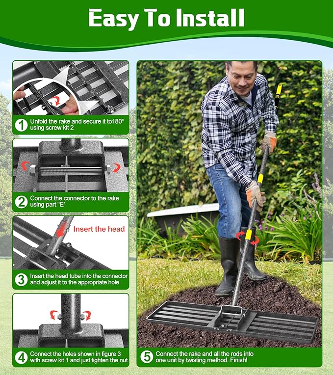 Lawn Leveling Rake 30x10 Inch , Heavy-Duty Yard Leveling Rake 6.2FT Leveler Tool for Soil, Sand & Topsoil, Backyard, Garden, Golf Course