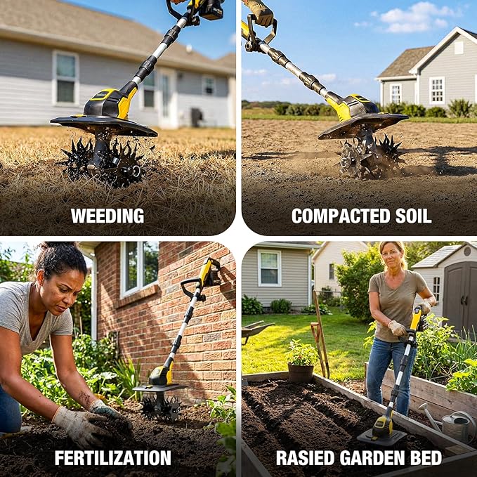 20V Cordless Tiller Cultivator, with 2 * 4.0Ah Batteries & Charger, 9In Tilling Width and 7In Depth Garden Rototiller for Lawn/Gardening/Soil Cultivation, Yellow