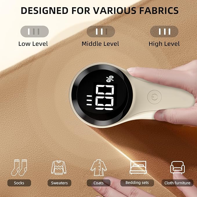 Buywoo Fabric Shaver, Electric Lint Remover, Rechargeable Lint Shaver, Household Essentials for Clothes, Upholstery, Furniture, Sweater Defuzzer to Remove Pilling, Battery Operated, Beige
