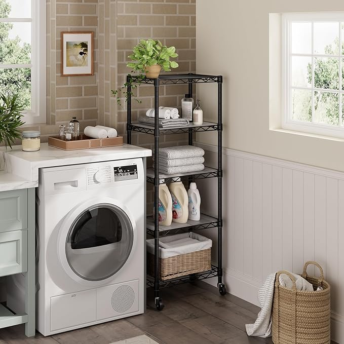 Golpart Small 5 Tier Shelves Storage Wire Shelving Unit Metal Shelf Adjustable Organizers Storage Shelving with Wheels for Bathroom Laundry Room Kitchen Pantry12”D x 18”W x 57.2”H Black