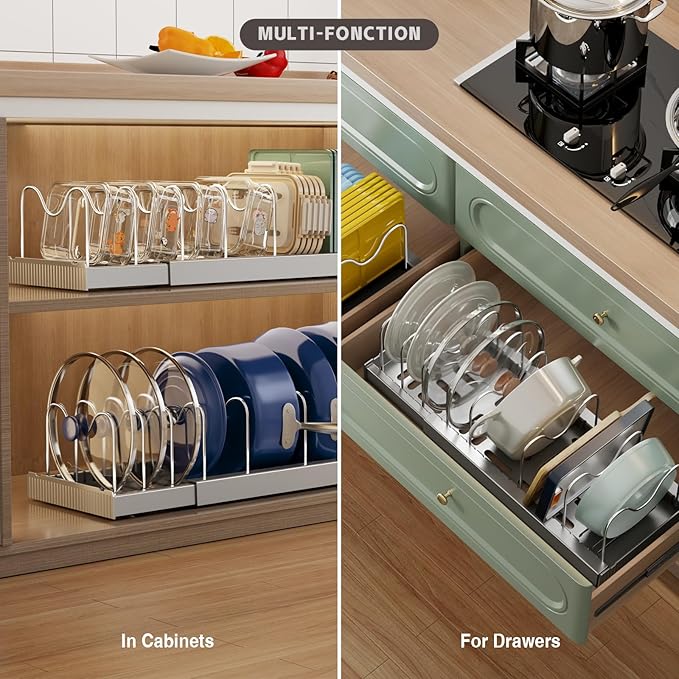 Expandable Food Storage Container Lid Organizers, 22" Pots and Pans Organizer Under Cabinet with 9 Adjustable Dividers Pot and Pan Lid Holders Rack Inside Cabinet(Gray,1 Pack)