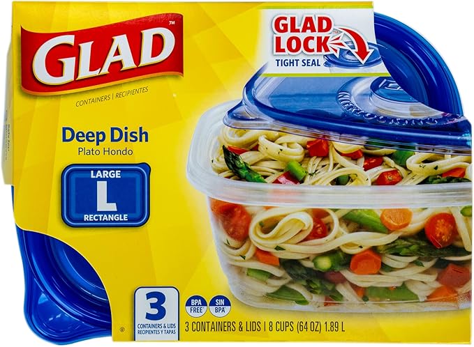Glad GladWare Deep Dish Food Storage Containers with Lids, Large Rectangle BPA Free Plastic for Soups Salads and Meal Prep, Lock Tight Seal, Microwave Dishwasher Safe, 64 Oz, 3 Count - 6 Pack