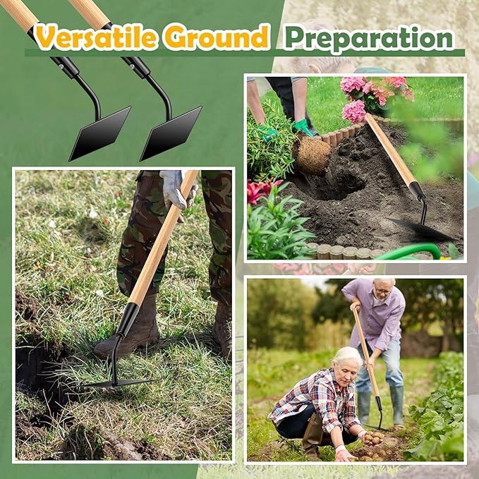 2 Pcs 55 Inch Hoe Garden Tool Diamond Head Heavy Duty Long Handle Weeding Tool Push Pull Action Stirrup Hula Hoe with Forged Steel 4 Sharp Edges for Digging Hoeing Loosing Soil