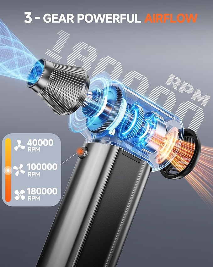 WeGuard W22 Electric Air Duster, 180000 RPM Compressed Air Duster with LED Light, 3-Speed Adjustable/Compressed Air Can Alternative, Dust Blower for Computer, Keyboard, Car, Leaves, Outdoor