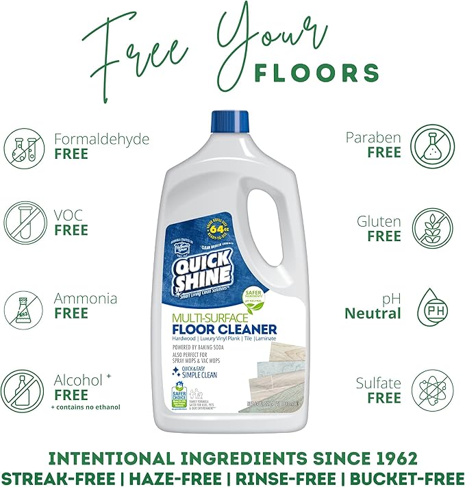 Quick Shine Multi Surface Floor Cleaner 64oz, 4Pk | Ready to Use-Streak Free- No Rinse | Use on Hardwood, Laminate, Luxury Vinyl Plank & Stone | Use in Spray Mops & Vac Mops | Safer Choice Cleaner