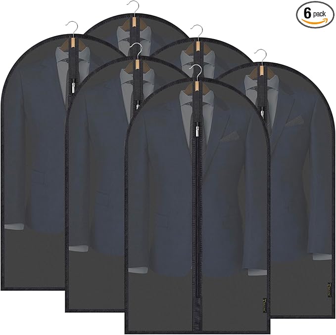 BALEINE 40'' Translucent Garment Bags, 6 Packs PEVA Dress Bag for Closet Clothes Dresses Suit Coats Storage (Black, 6PK)