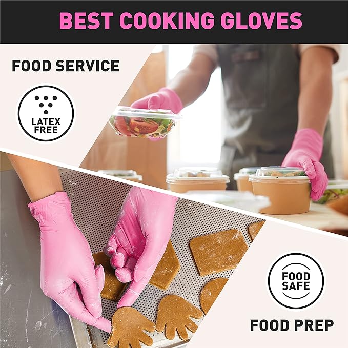 OKIAAS Black/Pink Vinyl Disposable Gloves Latex Free, Food Grade, 5 mil, Cooking, Cleaning, Hair Dye, 50/100/200/1000 Count