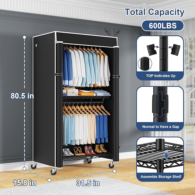 ULIFHOME P8C Heavy Duty Clothes Rack（With Extended Width Design） Rolling Clothing Racks for Hanging Clothes with Lockable Wheels，31.5" W x 15.8" D x 80.5" H，Max Load 600LBS，Black Rack with Black Cover