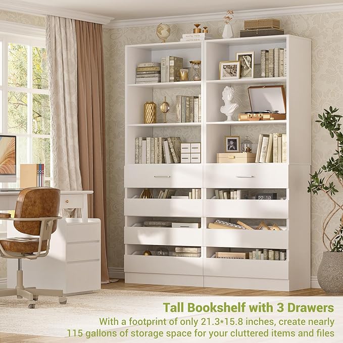 Aheaplus 21.3" Closet System with 4 Drawers, Wood Closet Organizer with Open Shelves, Modular Drawers System Tower, Walk-in Closets Small Wardrobe Rack, Tall Storage Cabinet Unit, White