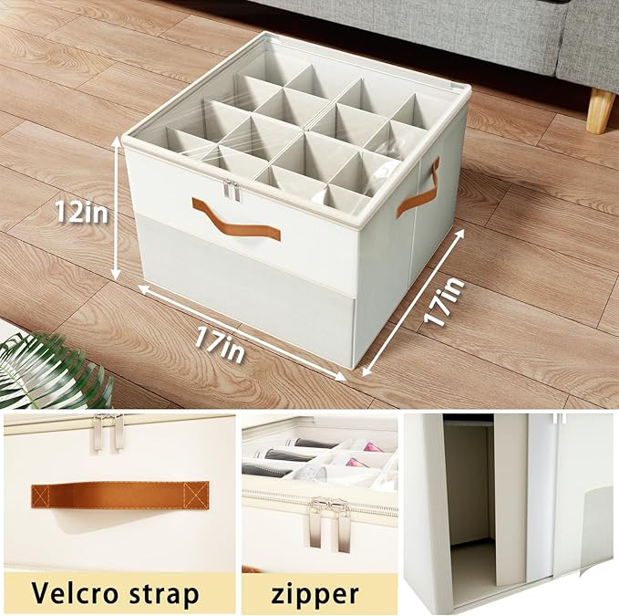 Shoe Organizer for Closet,2 Pack Foldable Shoe Storage Organizer Box Bin with Adjustable Dividers and Clear Cover, Fits up to 16-32 Pairs（Beige）