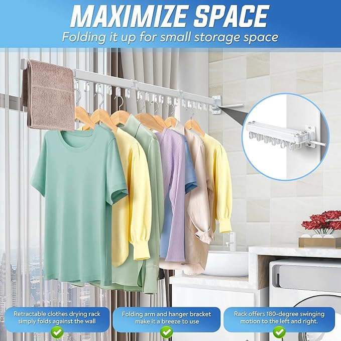 Clothes Drying Rack Wall Mounted Foldable, Retractable & Collapsible(Tri-Fold) Space-Saving Aluminum Laundry Drying Rack for Indoor & Outdoor Use - Laundry Rooms, Bathroom & Balconies (White)
