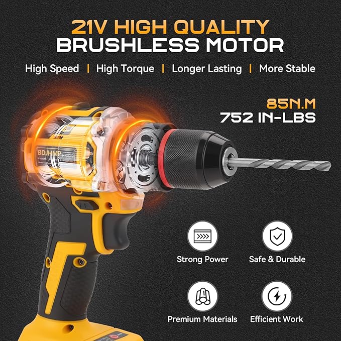 3/8" Brushless Compact Drill Tool Set, 85N.m 21V Cordless Drill Box with 2 * 2000mAh Battery, 782 In-lb Tool Set,DIY Hand Tool Kits for Daily Home Repair