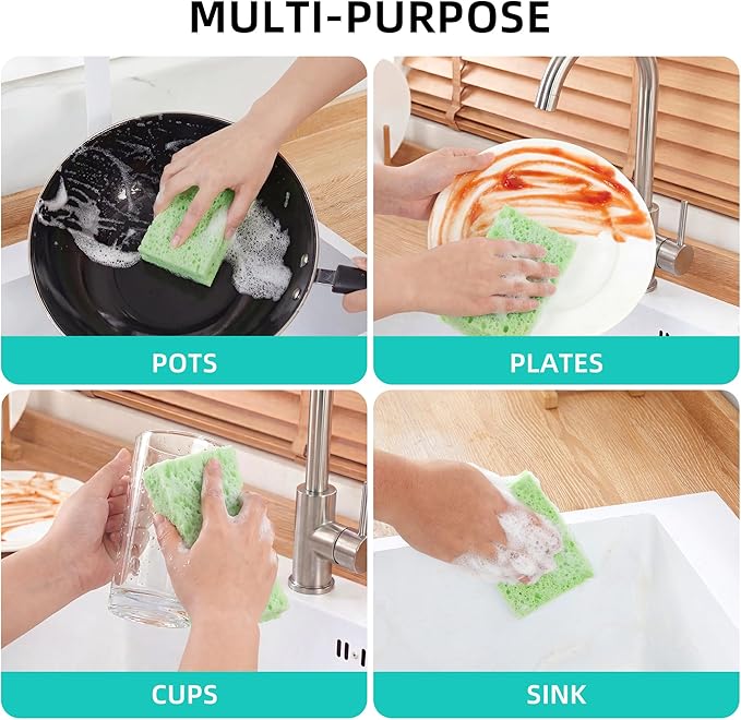 JOYMOOP Dish Sponge Scrubber, Cellulose Sponges Kitchen for Non-Scratch Washing Dishes, Household Cleaning Scrub Natural Sponge, Pack of 12 Colorful Sponges