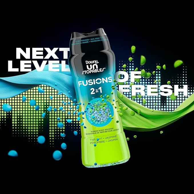 Downy Unstopables Fusions Scent Duos Laundry Scent Booster Beads, Twilight and Jasmine Scent, 10.7 OZ, 24hr non-stop freshness with 2 in 1 dual scent laundry scent beads