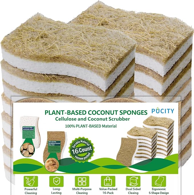 Sponges Kitchen Natural Dish Sponge Plant-Based Biodegradable Compostable Cellulose with Coconut Scrubber Sponge Non Scratch Eco Friendly Kitchen sponges for Kitchen Dishes